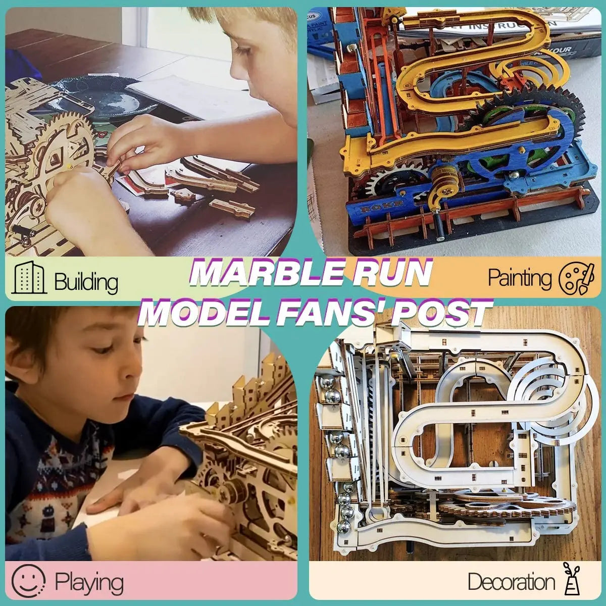 Robotime Rokr 4-in-1 Kugelbahn "Wasserrad" – DIY Holzmodell-Bausatz für Kinder und Erwachsene