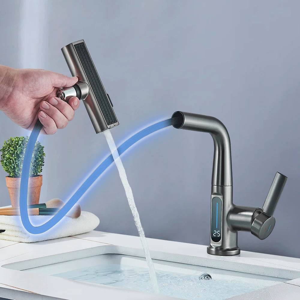 Wasserfall-Waschbeckenarmatur mit Temperaturanzeige Heben-Senken-Sprühstrahl, Warm- und Kaltwasser-Mischarmatur für Badezimmerwaschbecken