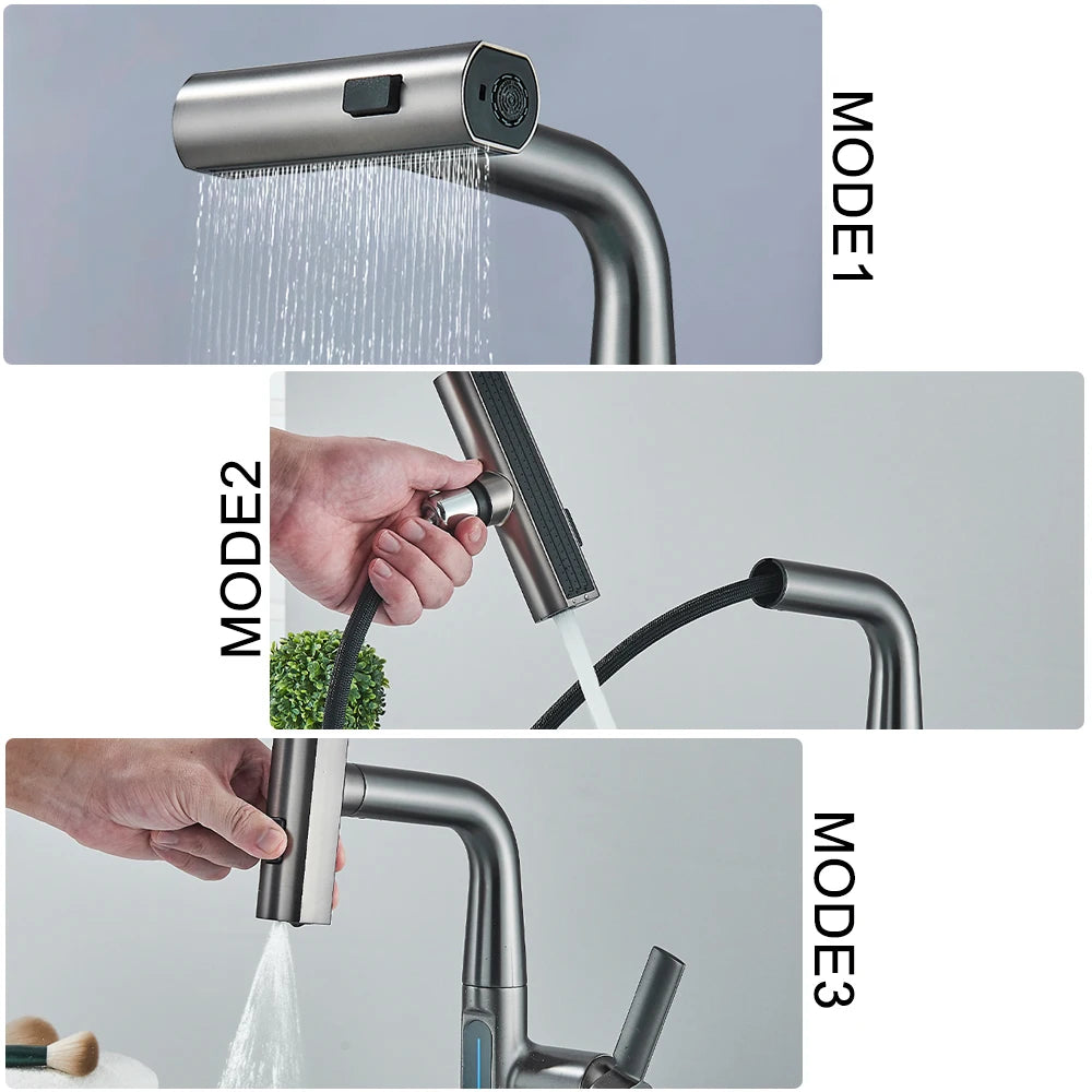 Wasserfall-Waschbeckenarmatur mit Temperaturanzeige Heben-Senken-Sprühstrahl, Warm- und Kaltwasser-Mischarmatur für Badezimmerwaschbecken