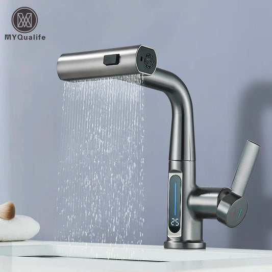 Wasserfall-Waschbeckenarmatur mit Temperaturanzeige Heben-Senken-Sprühstrahl, Warm- und Kaltwasser-Mischarmatur für Badezimmerwaschbecken